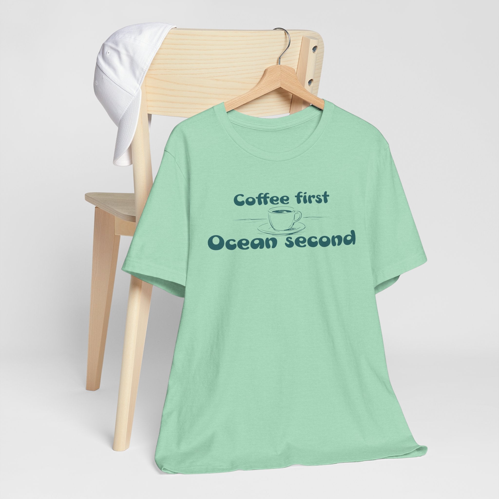 Coffee First, Ocean Second Tee — Coastal Coffee Lover T-Shirt beach graphic tee Marequi Club
