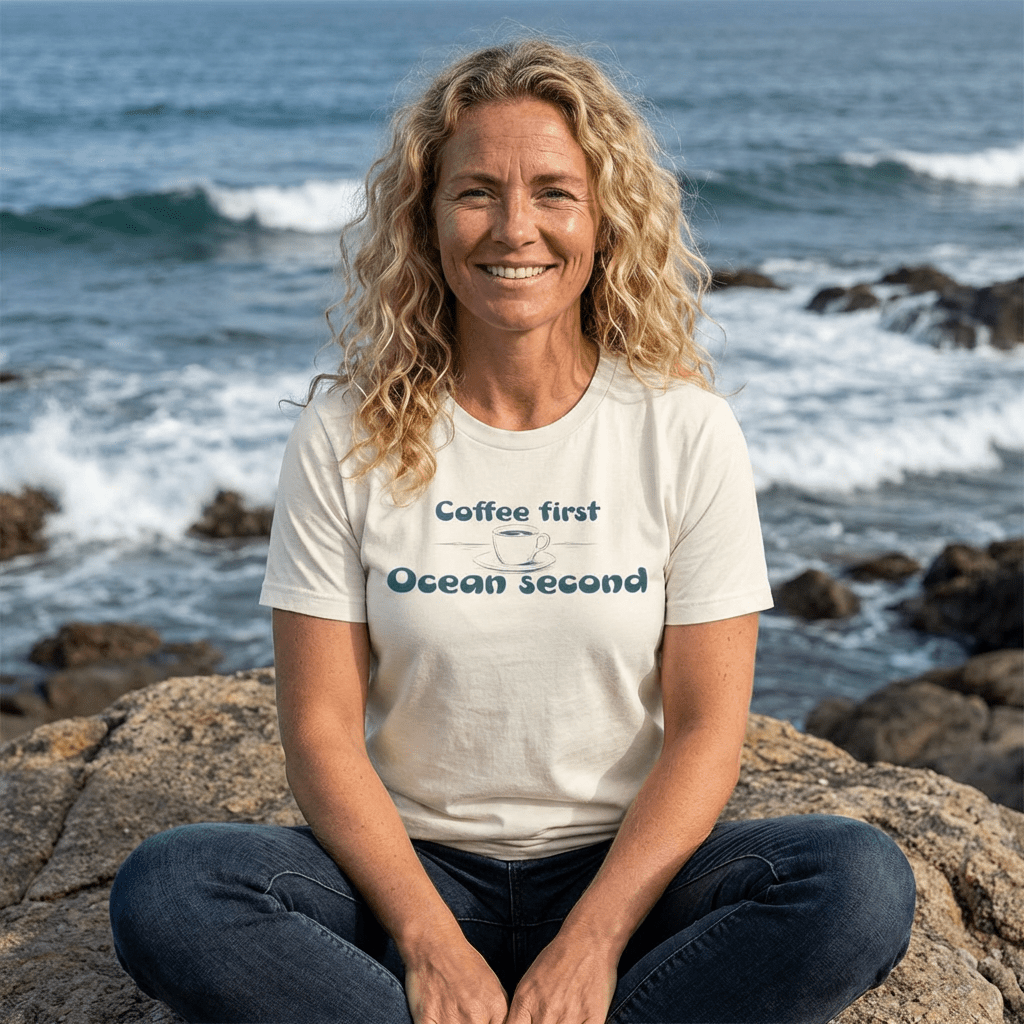 Coffee First, Ocean Second Tee — Coastal Coffee Lover T-Shirt beach graphic tee Marequi Club