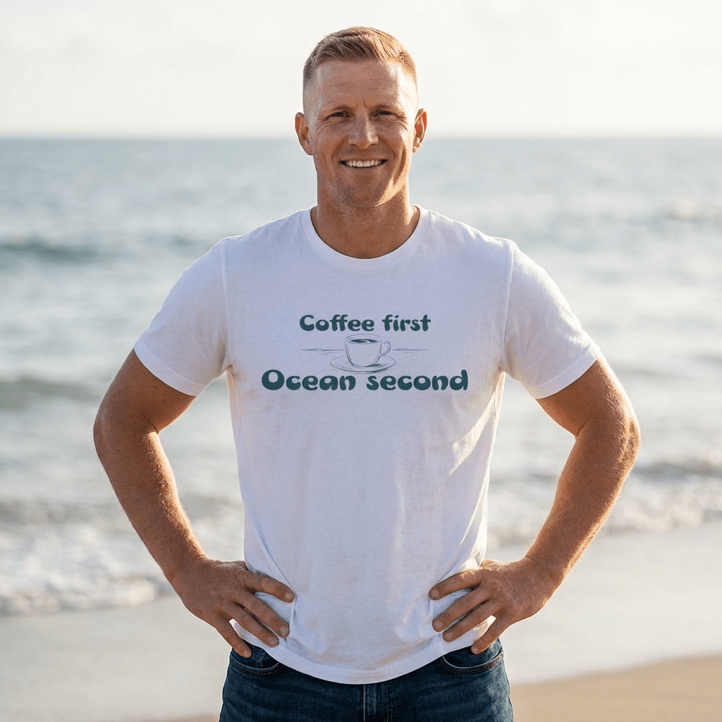 Coffee First, Ocean Second Tee — Coastal Coffee Lover T-Shirt beach graphic tee Marequi Club