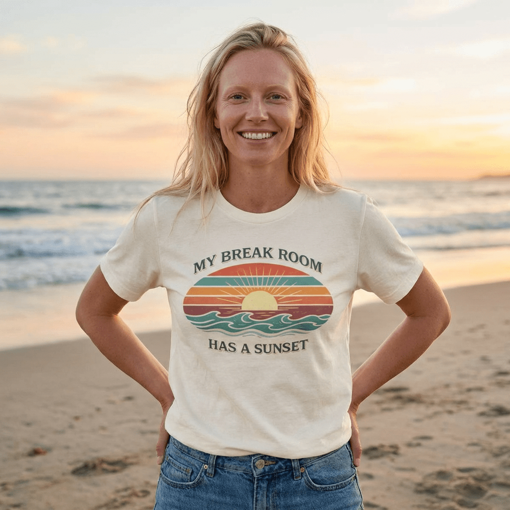 My break room has a sunset… 🌅 T-Shirt - Retro Sunset beach graphic tee Marequi Club
