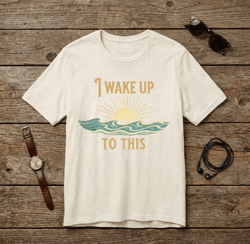 I wake up to this - NO RUSH SUNSET TEE beach graphic tee Marequi Club