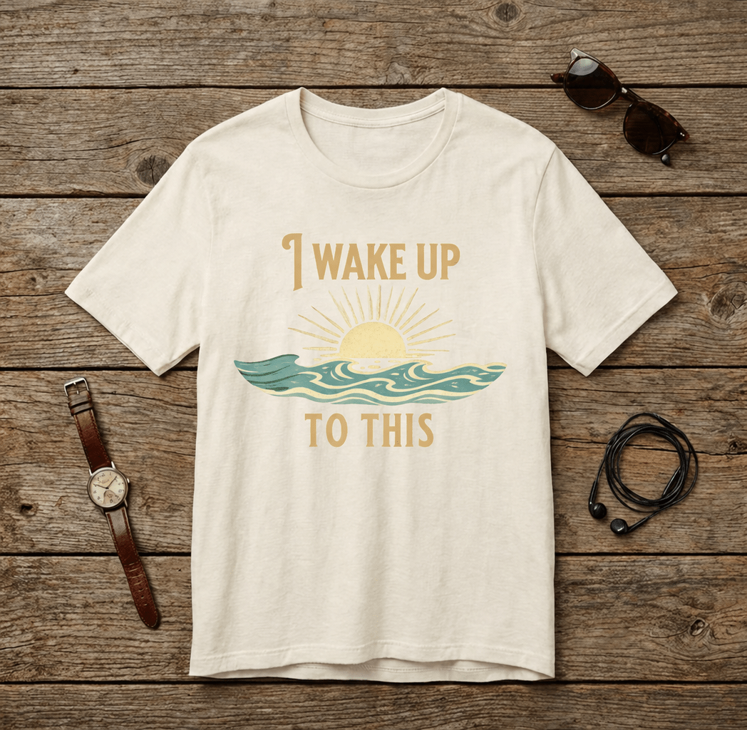 I wake up to this - NO RUSH SUNSET TEE beach graphic tee Marequi Club