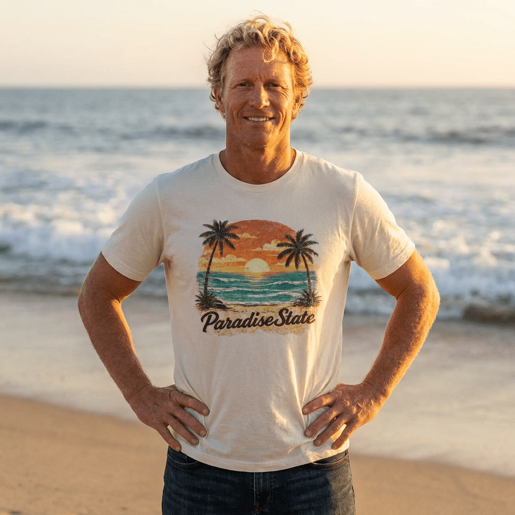 Paradise State Beach T-Shirt - Vintage Sunset Palm Graphic beach graphic tee Marequi Club