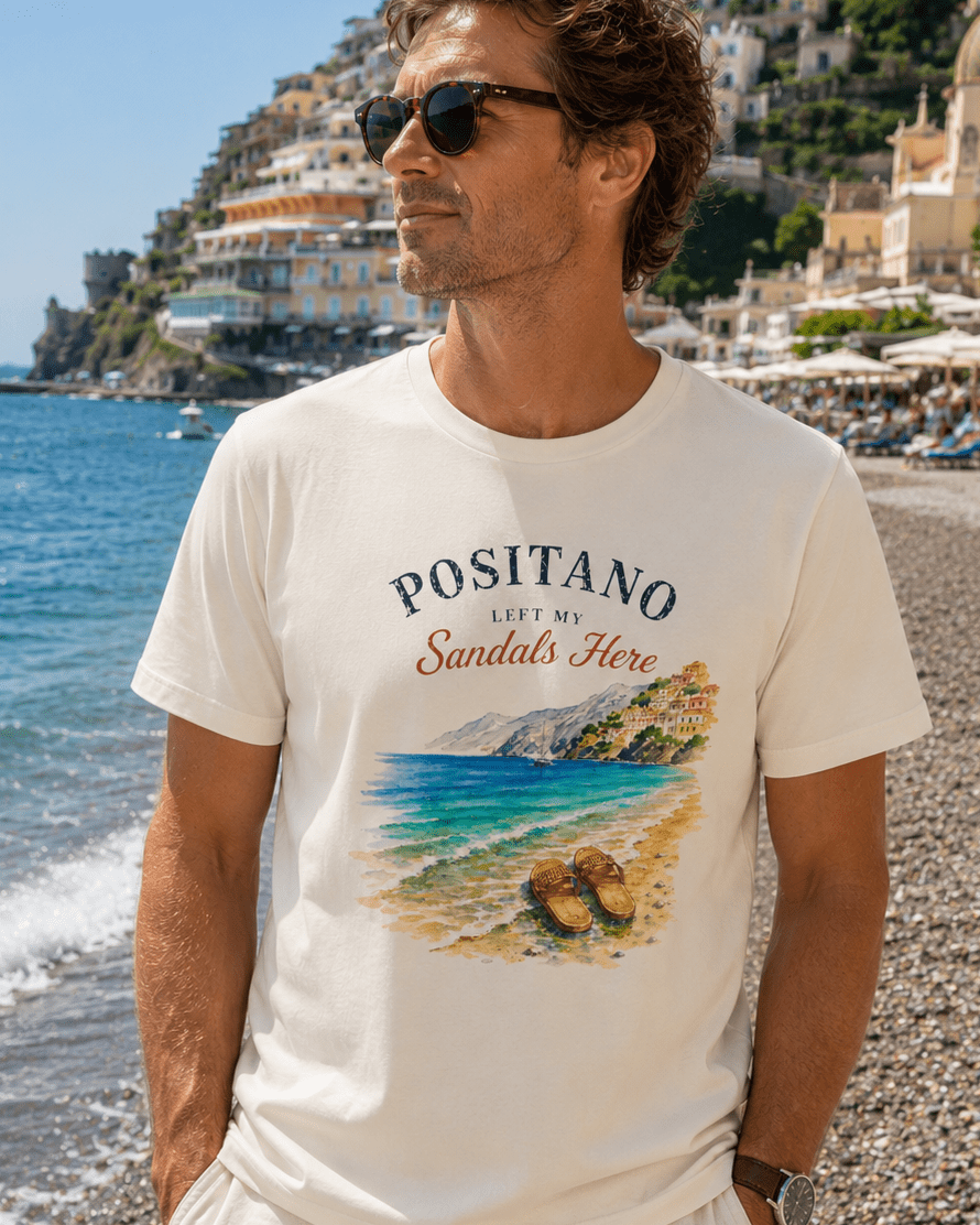 Positano Left My Sandals Here Vintage T-Shirt Amalfi Coast Italy graphic tee Marequi Club