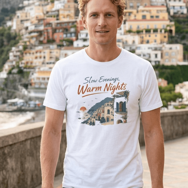 Slow Evenings, Warm Nights - Vintage Positano T-Shirt Amalfi Coast Italy graphic tee Marequi Club