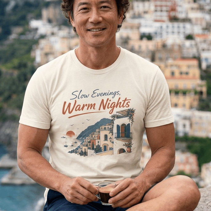 Slow Evenings, Warm Nights - Vintage Positano T-Shirt Amalfi Coast Italy graphic tee Marequi Club