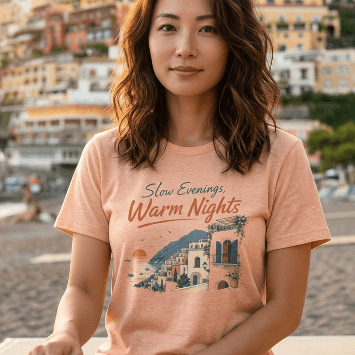 Slow Evenings, Warm Nights - Vintage Positano T-Shirt Amalfi Coast Italy graphic tee Marequi Club