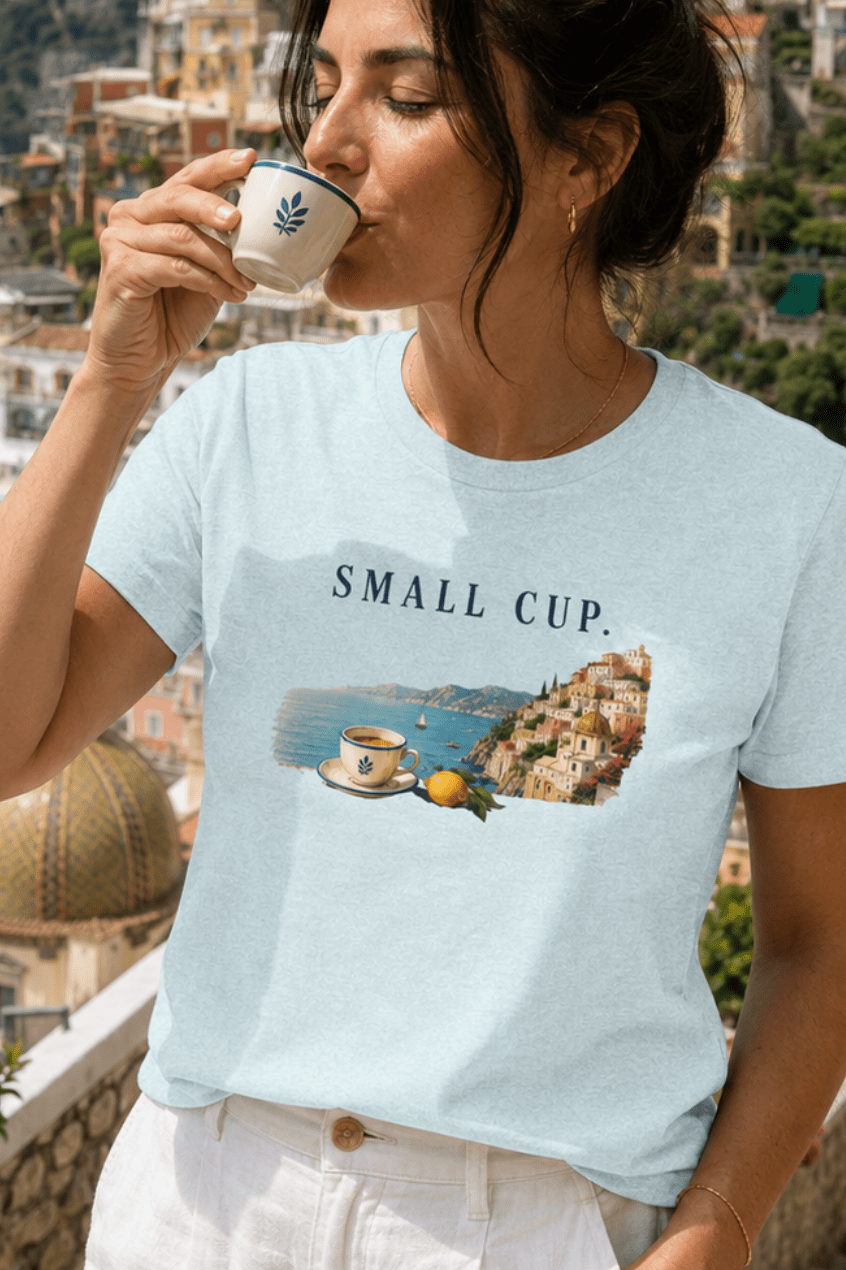 Small Cup Tee - Coastal Coffee Graphic T-Shirt Amalfi Coast Italy graphic tee Marequi Club