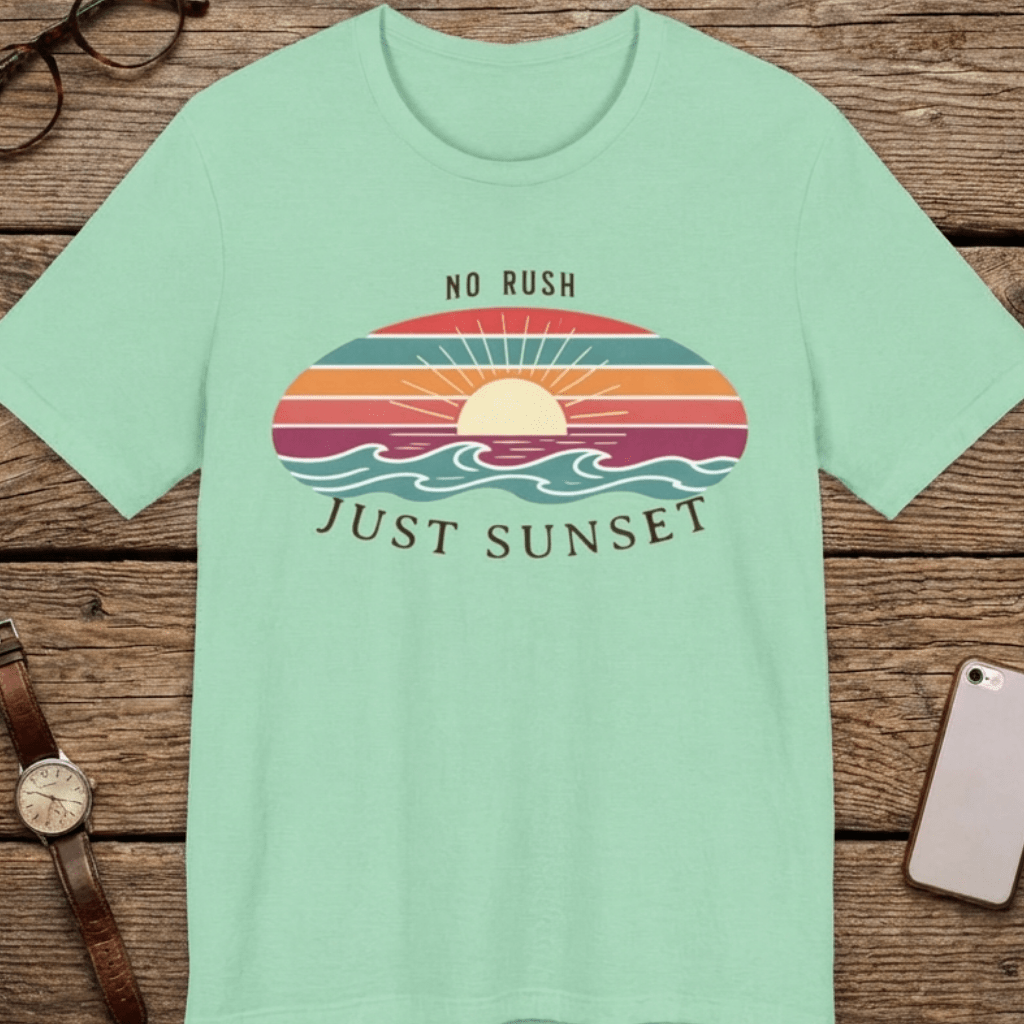 NO RUSH JUST SUNSET T - SHIRT - VINTAGE BEACH GRAPHIC beach graphic tee Marequi Club