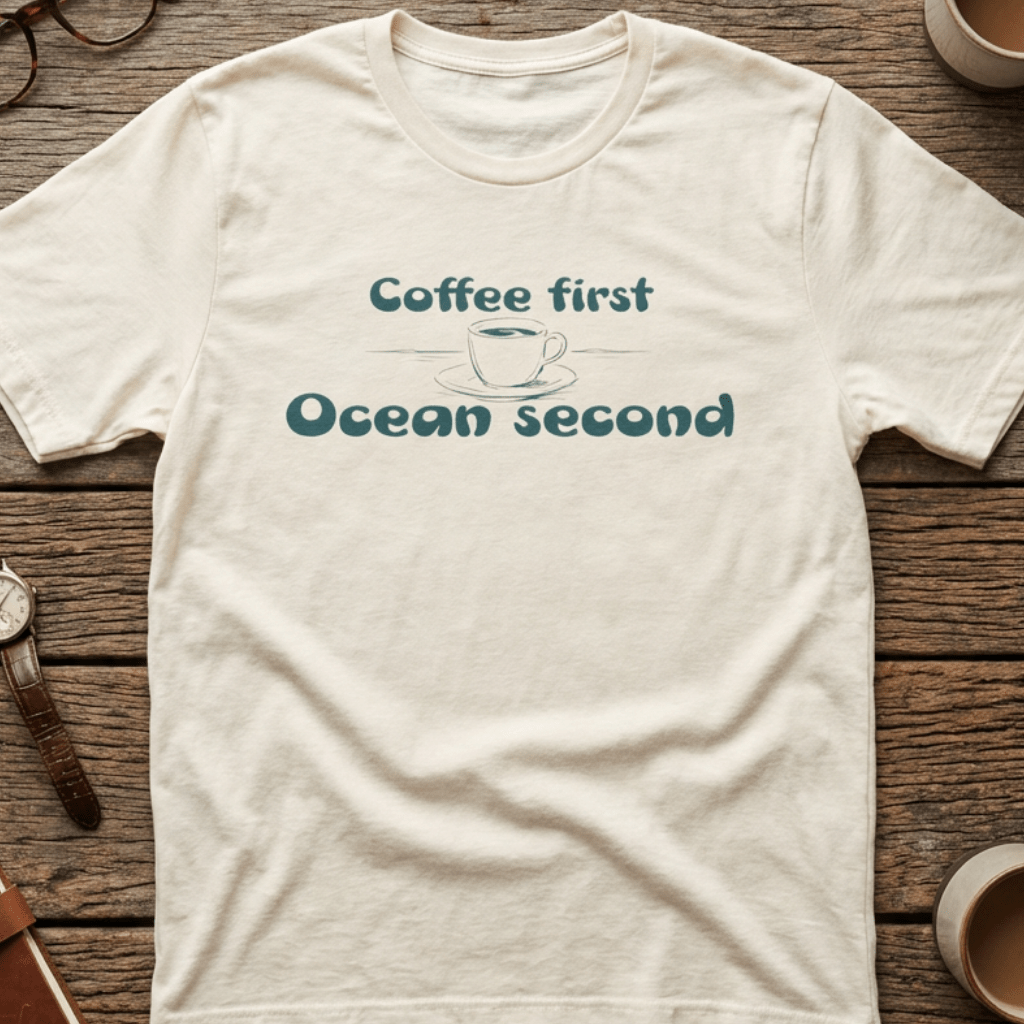 Coffee First, Ocean Second Tee — Coastal Coffee Lover T-Shirt beach graphic tee Marequi Club