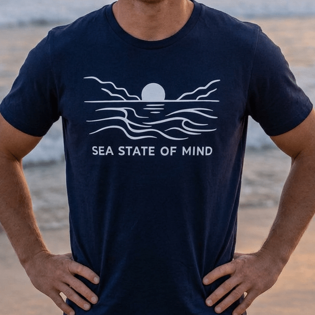 Sea State of Mind T-Shirt - Coastal Sunset Design beach graphic tee Marequi Club