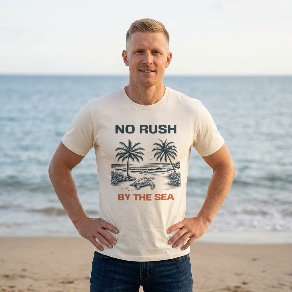 man wearing No Rush By The Sea beach graphic t-shirt on the beach
