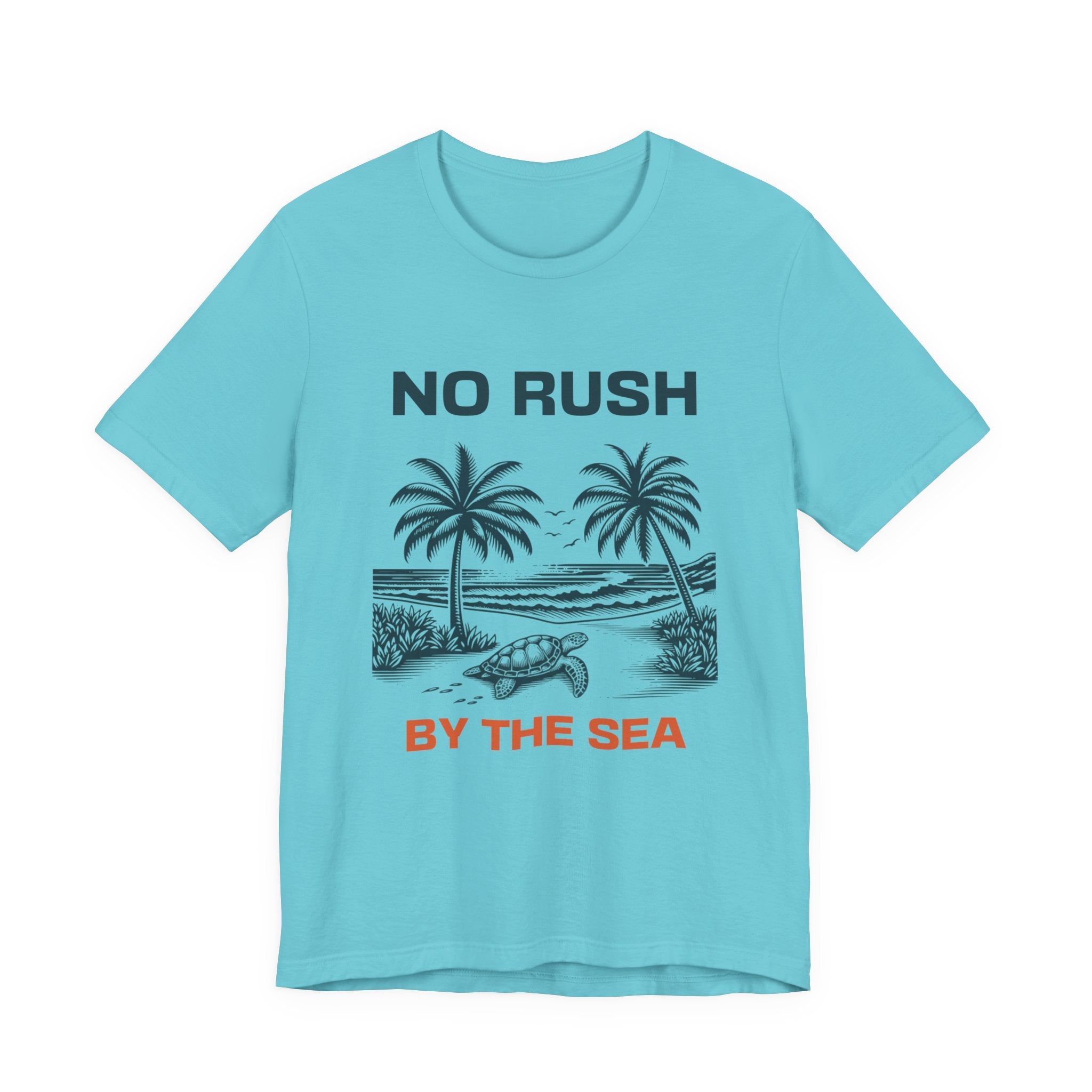 No Rush By The Sea beach graphic t-shirt with palm trees and turtle