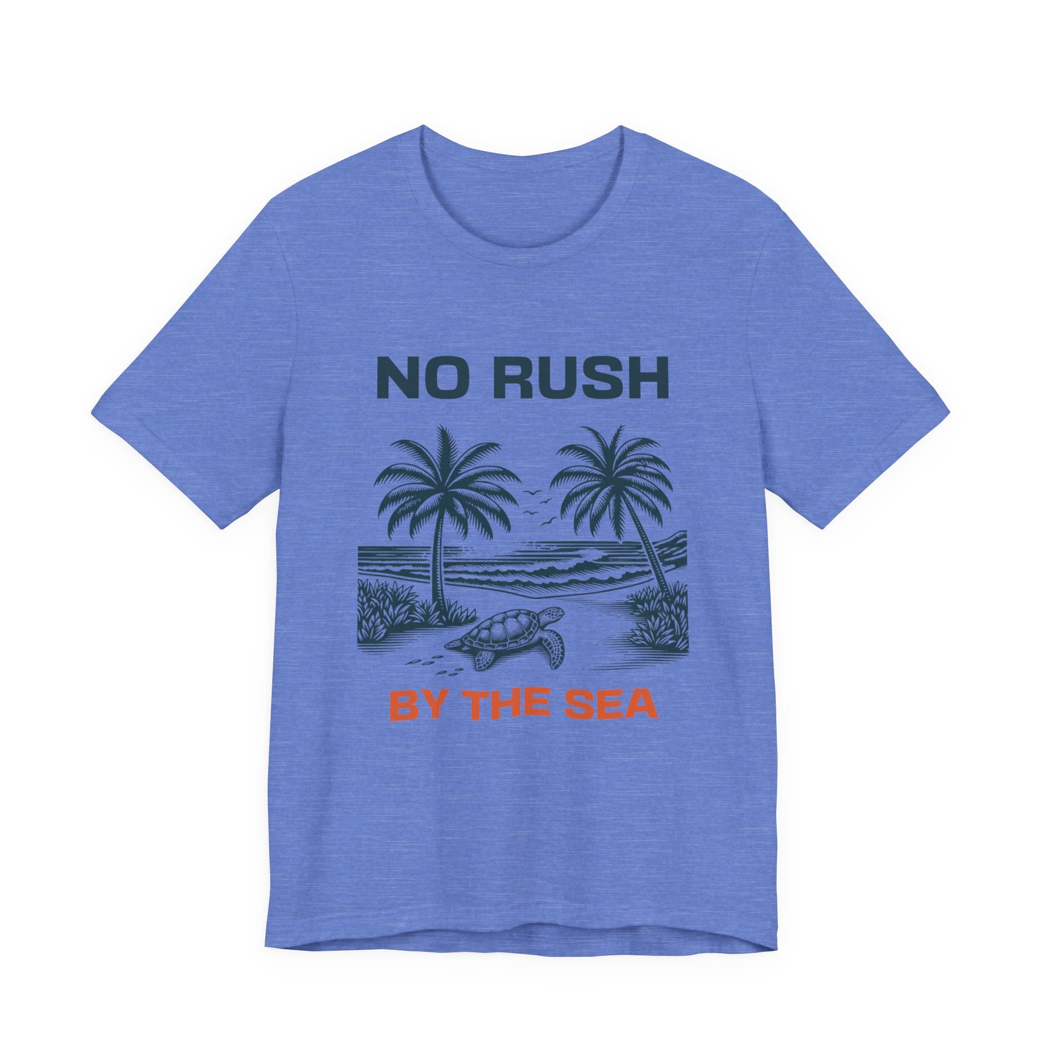 No Rush By The Sea beach graphic t-shirt with palm trees and turtle