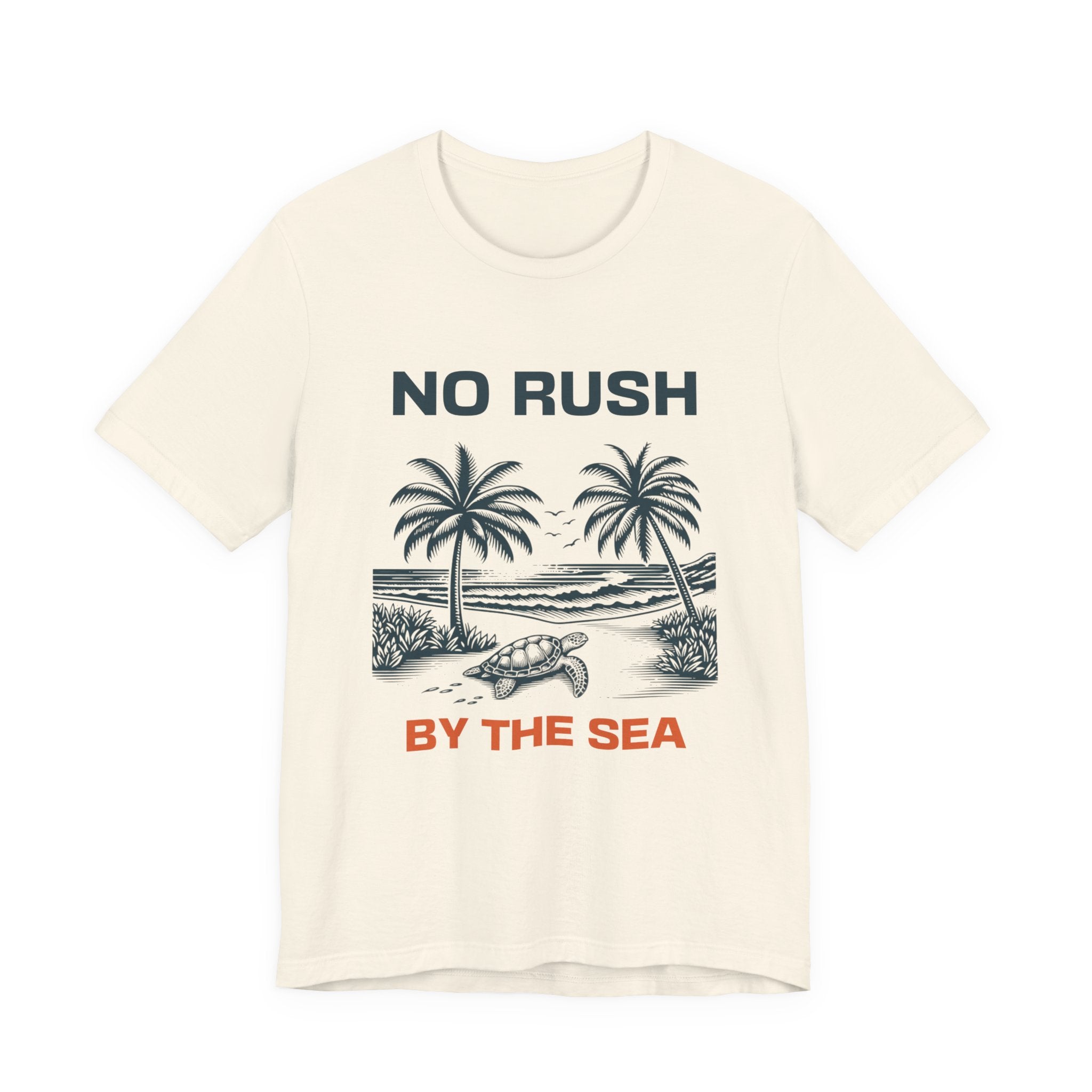 No Rush By The Sea beach graphic t-shirt with palm trees and turtle