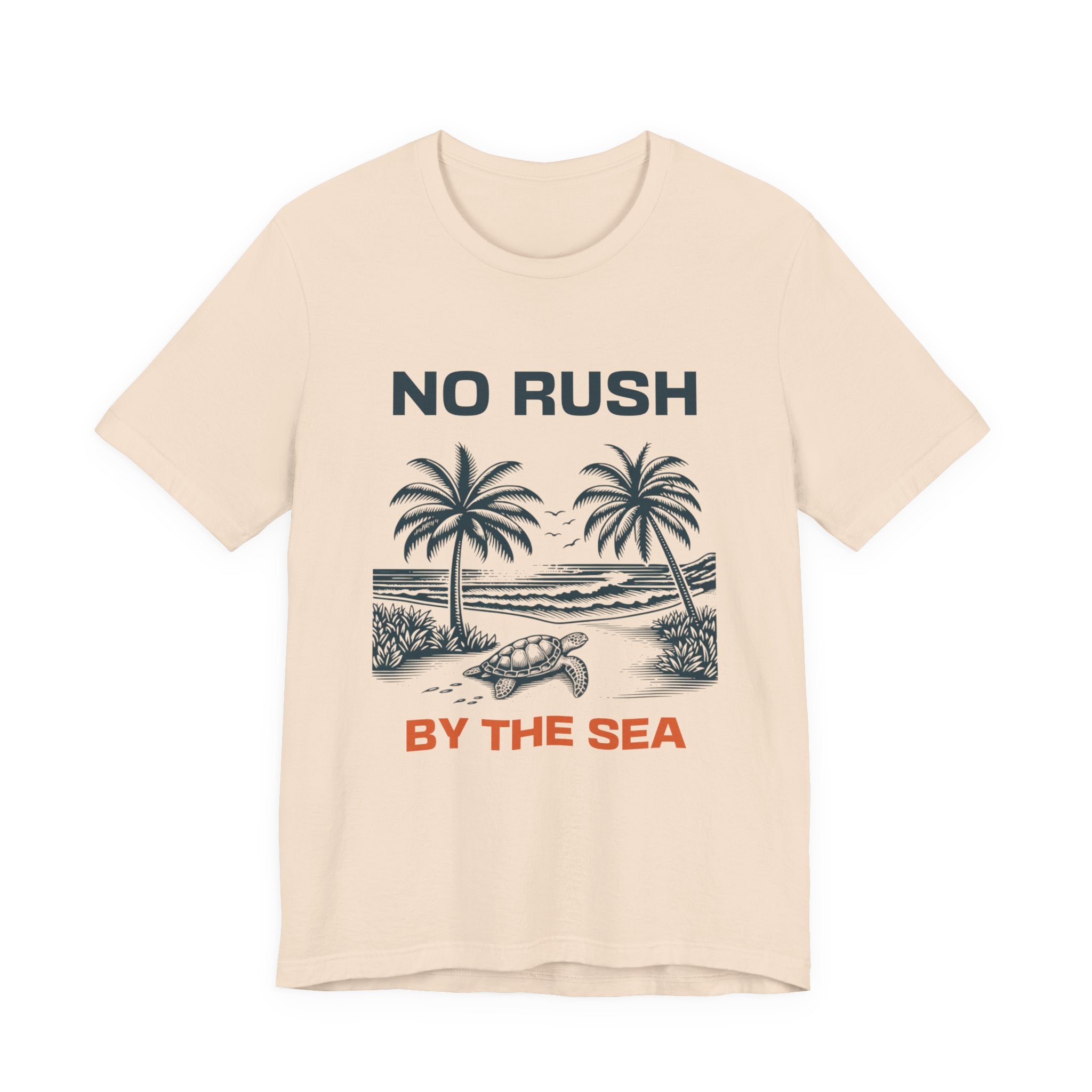 No Rush By The Sea beach graphic t-shirt with palm trees and turtle