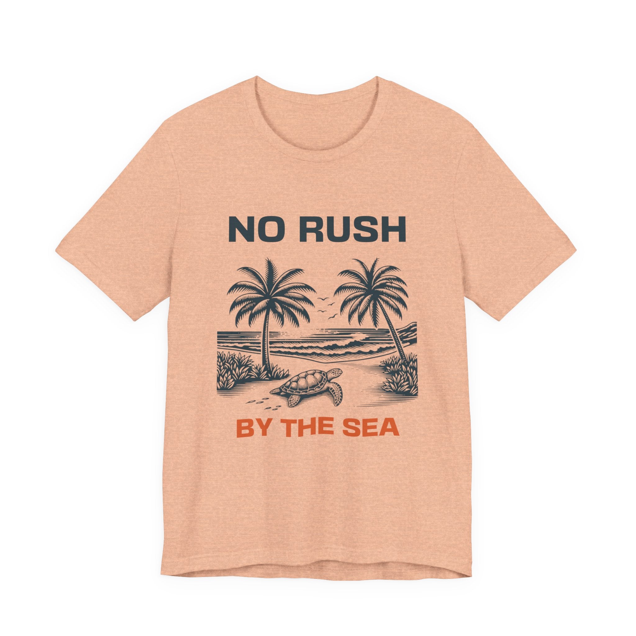 No Rush By The Sea beach graphic t-shirt with palm trees and turtle 