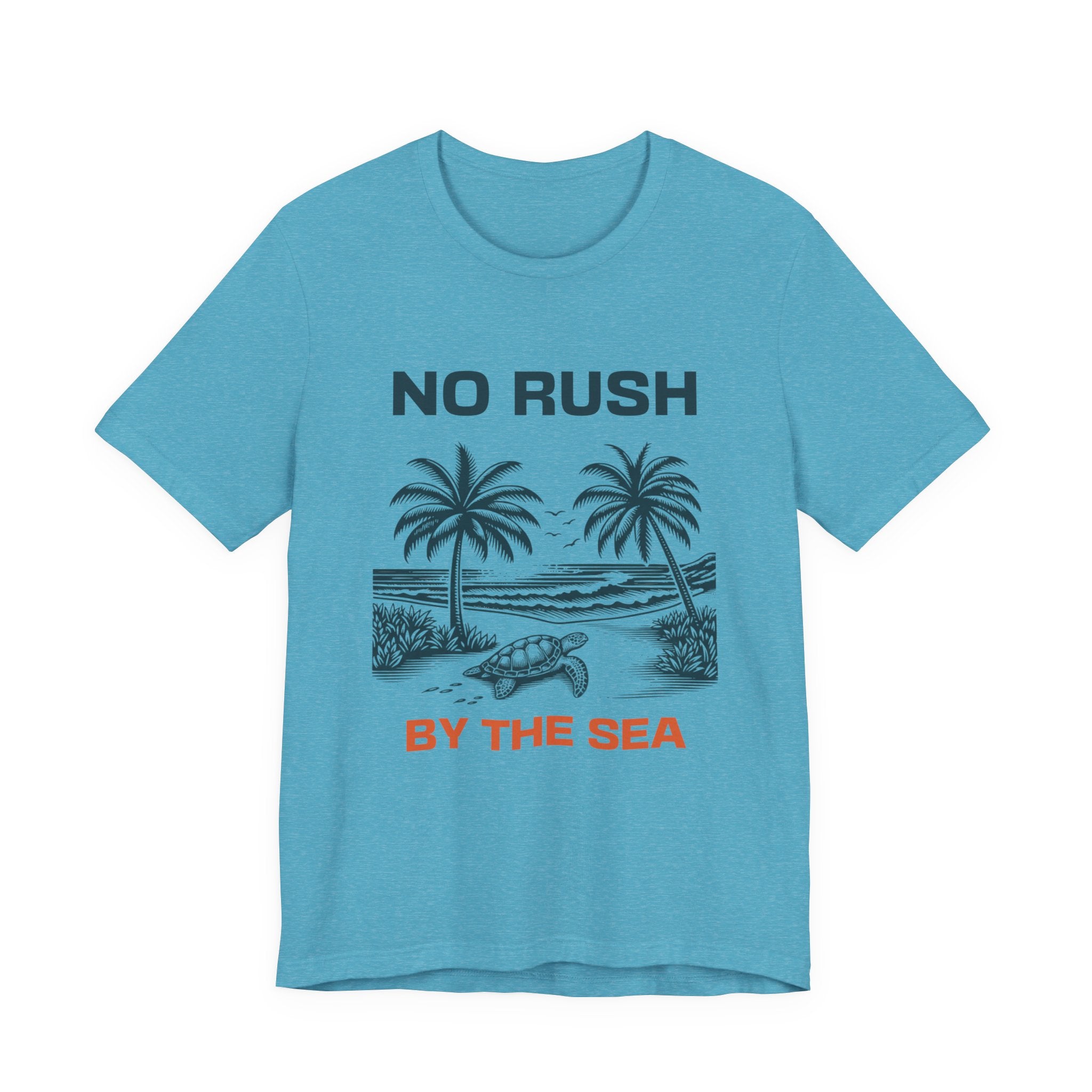 No Rush By The Sea beach graphic t-shirt with palm trees and turtle