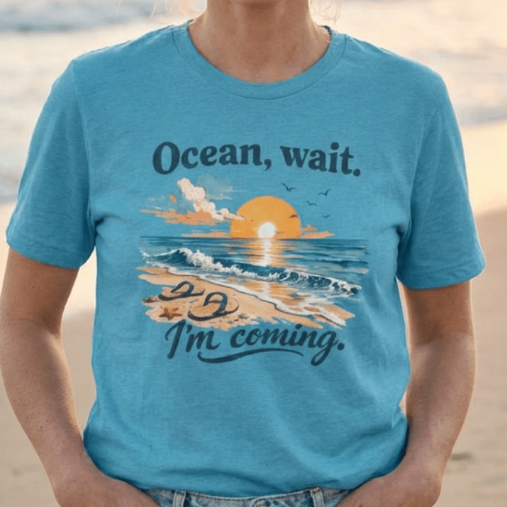Ocean, Wait I’m Coming Vintage Beach Graphic T-Shirt beach graphic tee Marequi Club