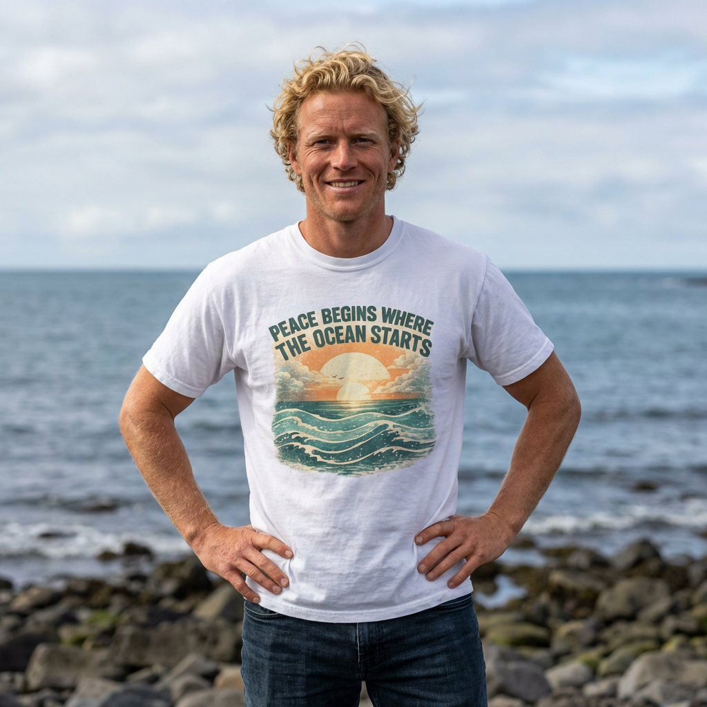 Man wearing ocean sunset graphic t-shirt by the sea Mare Qui Club