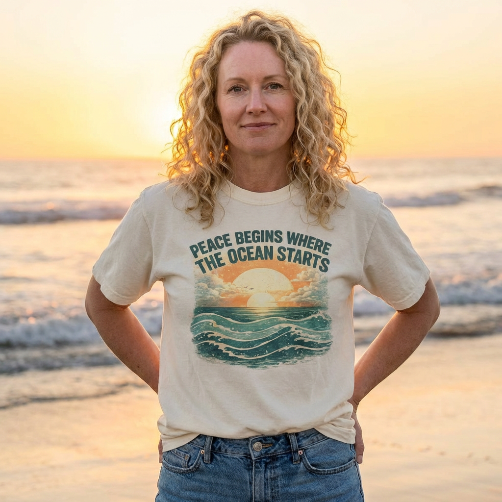 woman wearing ocean sunset graphic t-shirt by the sea Mare Qui Club